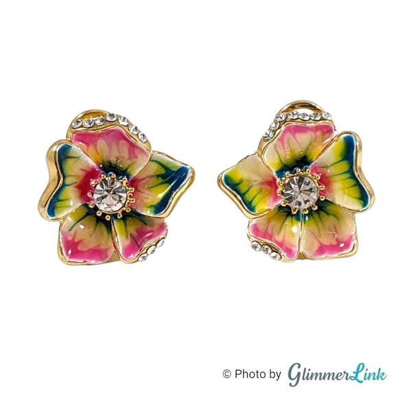 Bright Rainbow Enamel Hibiscus Gold Tone Lever Back Pierced Earrings - Picture 4 of 13
